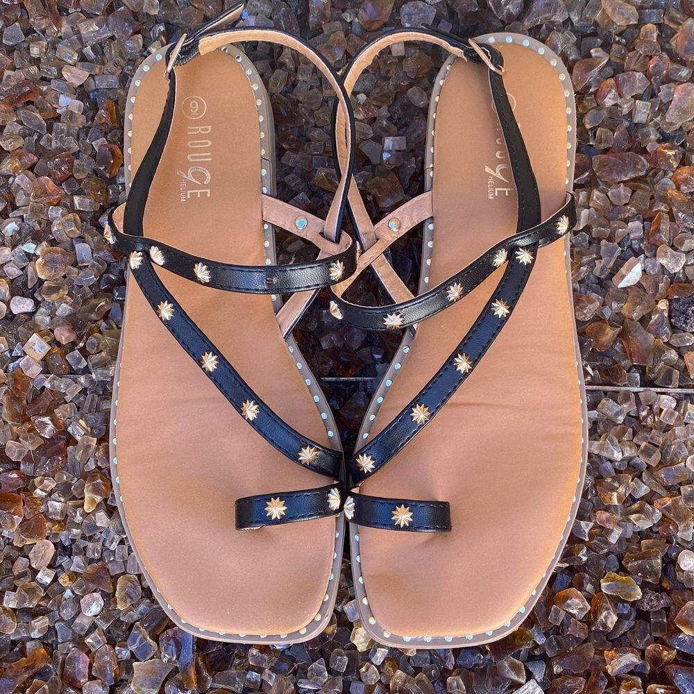 Rouge Helium Black Sandals w/ Gold Starburst Studs. Size 9. EUC